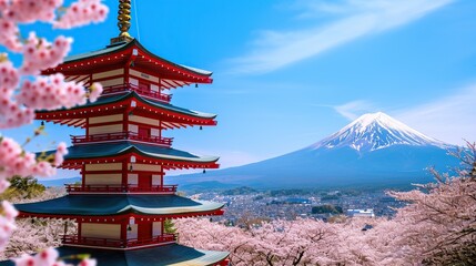 Fototapeta premium Picture of a vibrant red five-story pagoda framed by cherry blossoms with Mount Fuji in the distance