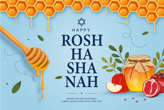 Happy Rosh Hashanah Vertical Poster with Honey Jar, Apples, Pomegranate, Flowers and Decorative Botanical Elements. Editable Vector Illustration.