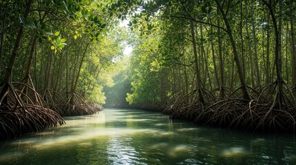 Naklejka premium Rich green mangrove forest grows in tropical wetland. Dense tree roots submerged in calm river water. Sunlight shines through leaves in coastal ecosystem. Natural habitat provides biodiversity