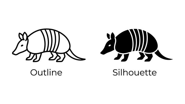 Armadillo Icon: A graphic representation of an armadillo presented in both outline and silhouette forms, ideal for diverse design applications.
