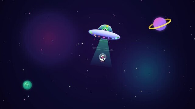 Cute Cartoon UFO Abducting a Cow in Outer Space with Planets and Stars, Flat Vector Background Illustration