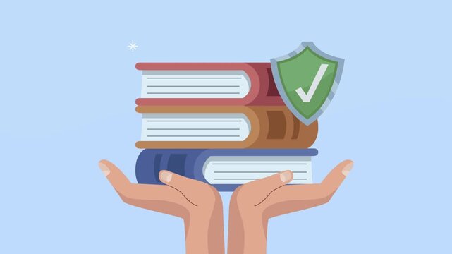 Flat design animation of hands holding stack of books with shield icon for data protection and copyright.