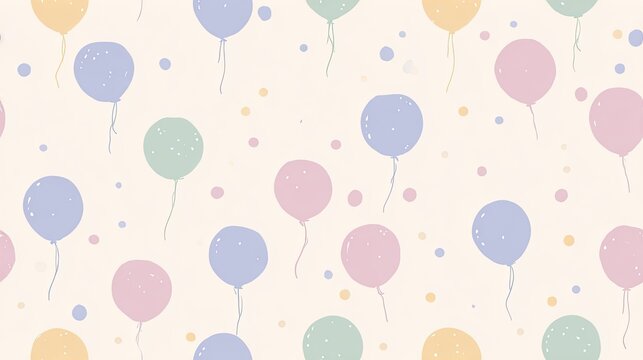 Seamless nursery pattern with muted pastel balloons and tiny dots on a warm cream background, cheerful celebration illustration, soft children surface design