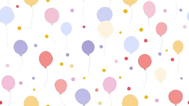 Seamless pattern with pastel balloons in pink, lavender, yellow and blue on a white background, cheerful celebration illustration, playful nursery surface design