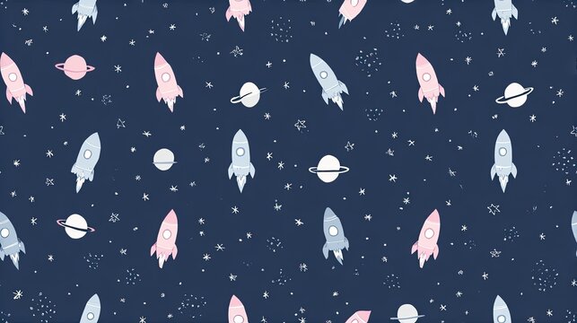 Seamless cosmic pattern with pastel rockets, planets and stars on a deep blue background, whimsical space illustration, children nursery surface design