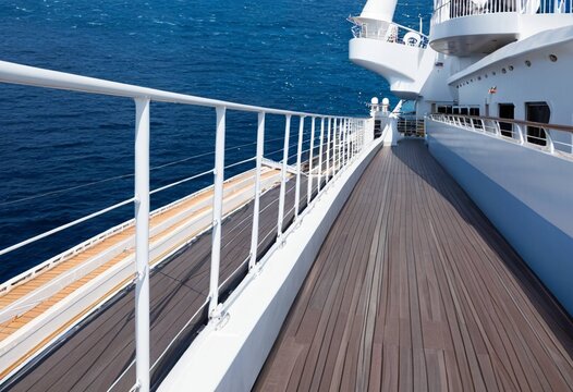 Sunny view from cruise ship deck overlooking deep blue ocean water
