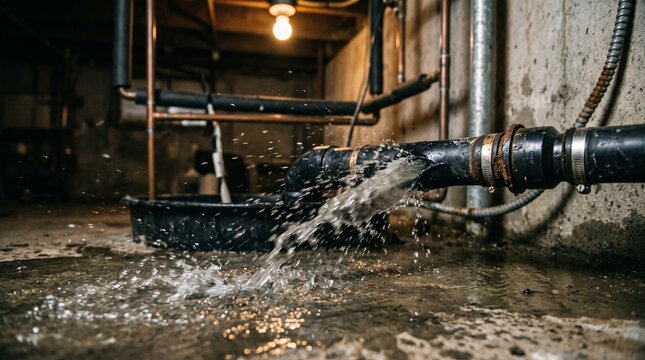 Water bursting out from a broken pipe in a dark basement.