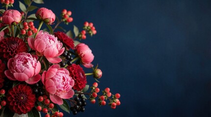 Naklejka premium Pink peonies and red dahlias with berries create a vibrant floral arrangement against a dark blue backdrop. This elegant composition offers ample copy space for text or design elements.