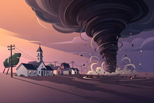 Vector illustration of a powerful tornado cyclone approaching a small town with a church and houses during a dramatic sunset disaster