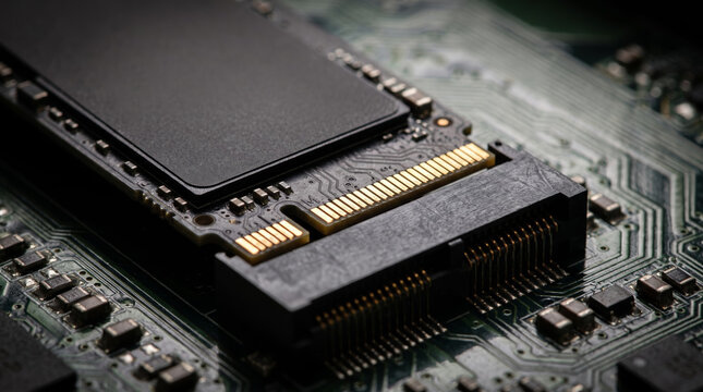 Close-up of an M.2 NVMe SSD installed in a motherboard slot, highlighting the gold M-key edge connector and single notch.