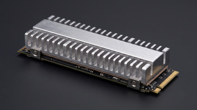 M.2 NVMe SSD fitted with a thick, finned brushed aluminum heatsink, viewed from an angled perspective.