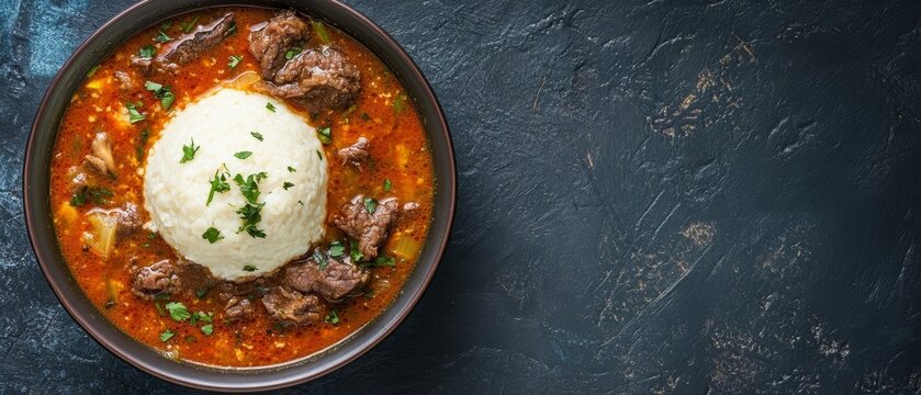 Spicy beef stew with tender meat chunks and vegetables in a rich tomato broth, served with a mound of white rice in a dark bowl on slate background