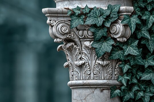 Classical stone column capital covered with green ivy leaves closeup
