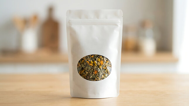 Minimalist product mockup of herbal tea bag in white packaging on wooden surface