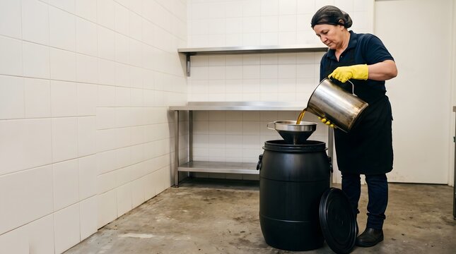 Restaurant kitchen worker pours cooled used frying oil from a stainless jug into a collection barrel, illustrating grease management and responsible food-service waste handling.