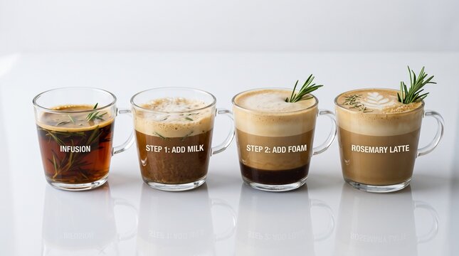 Clear coffee mugs with text instructions showing how to add milk and foam for latte art.