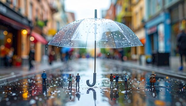 Tiny figurine people gathered under a large transparent umbrella on a rainy city street with miniature figures