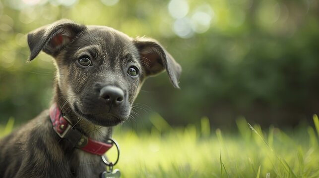 Playful young mixed-breed dog gazing curiously in a sunlit grassy field