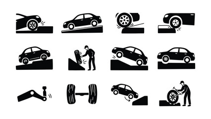 Fototapeta premium Car maintenance process illustrated with tire changing and vehicle lift steps