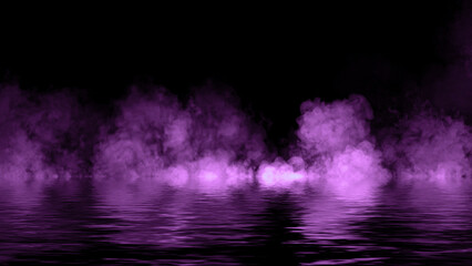 Obraz premium Mystery coastal purple fog . Smoke with particles on the shore . Reflection in water. Texture overlays background. Stock illustration. Design element.