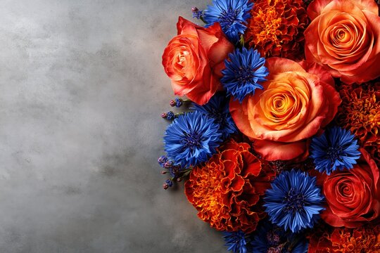 Beautiful floral arrangement with orange roses and blue cornflowers