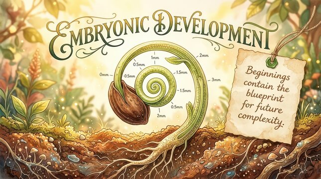 Artistic illustration of embryonic plant development, showing a seed germinating with roots and a spiraling sprout, against a backdrop of lush foliage