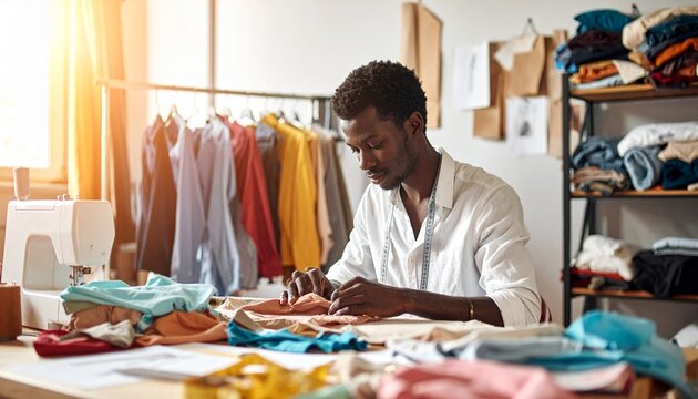 Young male fashion designer working at a wooden table in his bright tailoring studio with male tailor