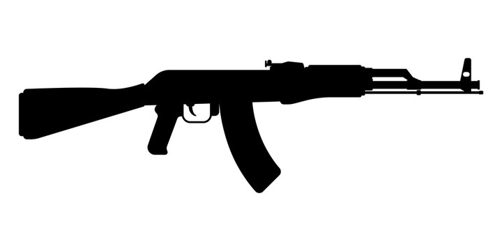 Black silhouette of an AK-47 assault rifle isolated on white background