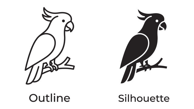 Parrot Icon: A stylized parrot depicted in both outline and silhouette, perched elegantly on a branch, representing versatility and clarity in design.
