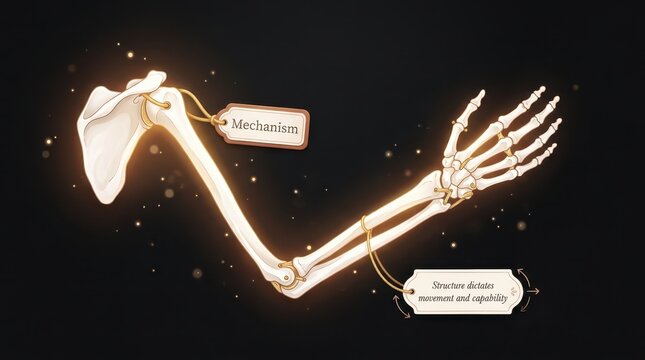Artistic representation of a human arm skeleton, highlighting joints and bones with a magical glowing effect, labeled 'Mechanism'