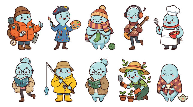 Blue character avatars showing various hobbies.