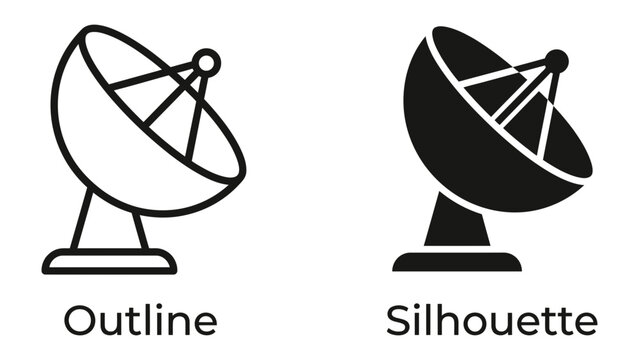 Satellite Dish Icon: A set of icons depicting a satellite dish, presented in both outline and silhouette styles, symbolizing communication and technology.