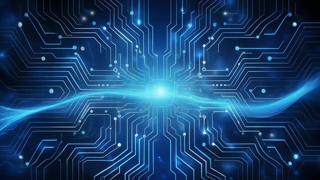 Abstract blue energy wave flowing through futuristic circuit board pattern with light flares