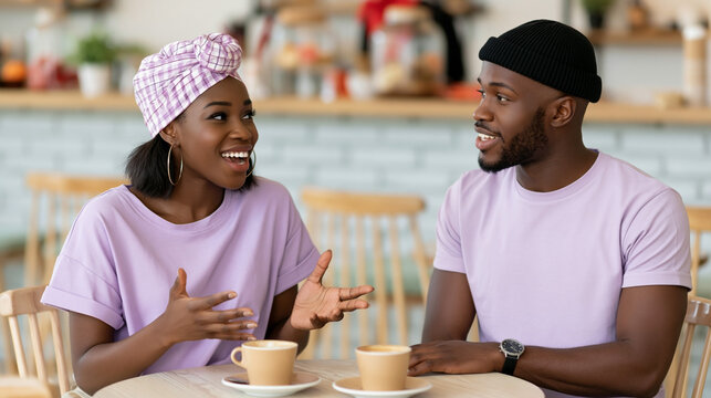 Young couple yapping over coffee, smiling and having an animated conversation while sitting together in a modern cafe