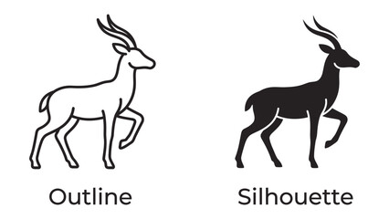 Fototapeta premium Antelope Outline and Silhouette: A clear visual comparison showcasing the outline and silhouette of an antelope, highlighting its elegant form and distinctive curved horns.
