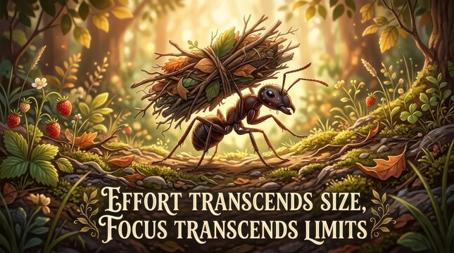 An ant carrying a large bundle of sticks and leaves in a sunlit forest, symbolizing hard work and perseverance.