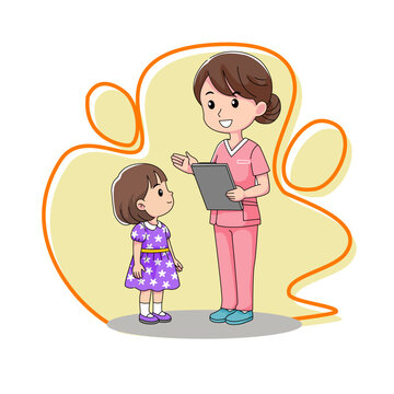 Friendly female nurse in pink scrubs talking with cute little girl patient in hospital illustration