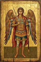 Fototapeta premium Archangel Michael holding a sword in Byzantine Christian icon. Orthodox religious artwork symbolizing protection, courage, spiritual strength and victory over evil.