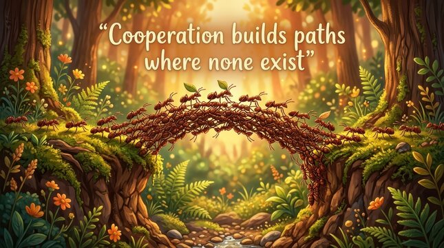 Ants form a living bridge, demonstrating incredible cooperation and teamwork to overcome obstacles in a vibrant forest.