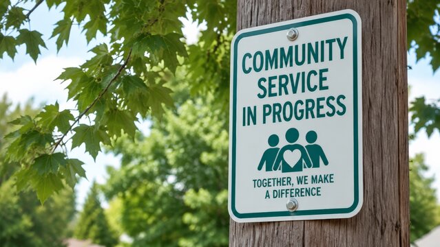 White and teal metal sign on a wooden utility pole reads community service in progress together we make a difference with people and heart icons surrounded by green maple leaves