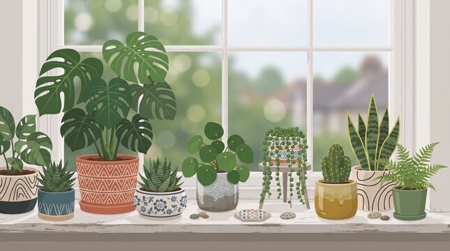 Cozy indoor houseplants collection on a sunny wooden windowsill with monstera, succulents and snake plant, vector illustration, generative AI