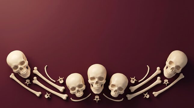 Human skulls and bones arranged in a creative arch pattern on a dark red background