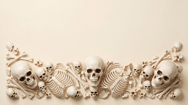 A spooky collection of skulls and human bones arranged in a border pattern for halloween designs