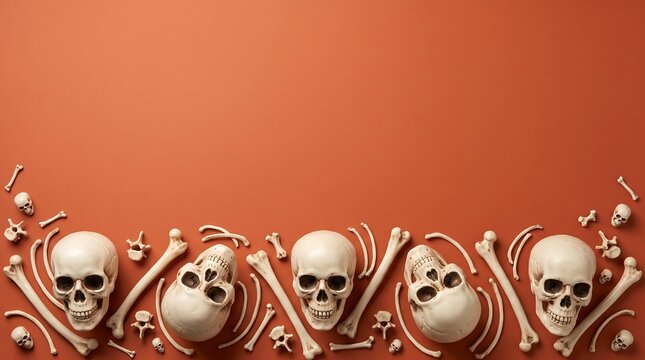 Human skulls and bones arranged in a border pattern on a solid red background