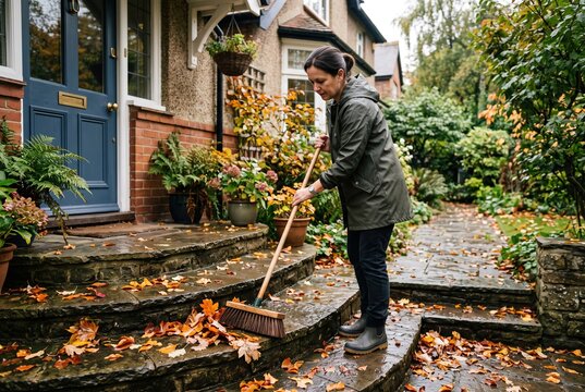 A woman is using a broom to clear fallen leaves from the steps of a house. The scene shows a garden with colorful autumn leaves around