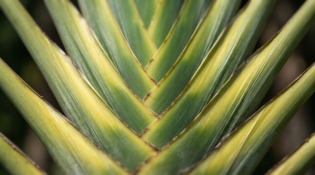 Macro close up of symmetrical green and yellow traveler palm leaf pattern, natural geometric botanical texture background, generative AI