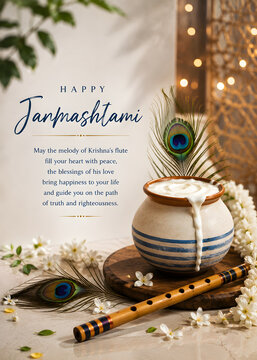 Happy janmashtami festive background with traditional clay pot and flute butter pot peacock feather bamboo flute krishna janmashtami makhan handi indian festival