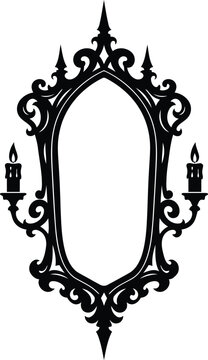 Vintage gothic mirror frame silhouette with candle sconces isolated on a white background for interior design projects