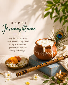 Happy janmashtami celebration card featuring butter pot flute and sweets peacock feather bamboo flute krishna janmashtami makhan handi indian festival oil lamp