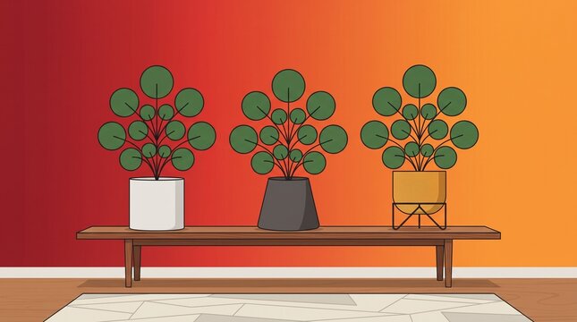Minimalist vector illustration of potted pilea peperomioides plants on wooden bench against warm gradient background, modern interior art, generative AI